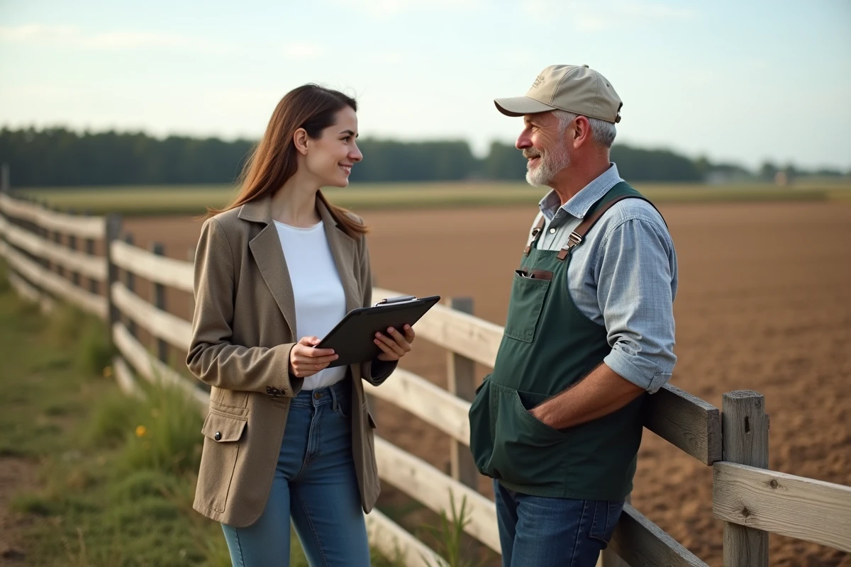Jeune femme avec clipboard en discussion rurale