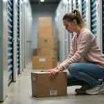 Jeune femme organise des cartons dans un centre de stockage