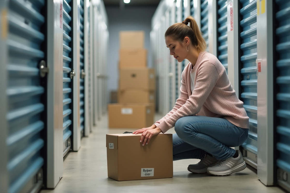 Jeune femme organise des cartons dans un centre de stockage