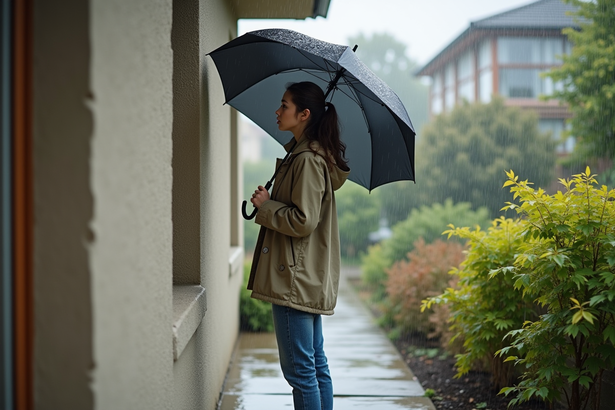Jeune femme regardant un mur humide devant sa maison