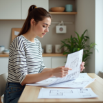 Jeune femme examine plans de renovation dans une cuisine moderne