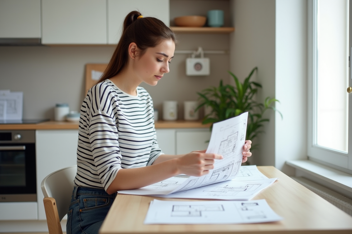 Jeune femme examine plans de renovation dans une cuisine moderne