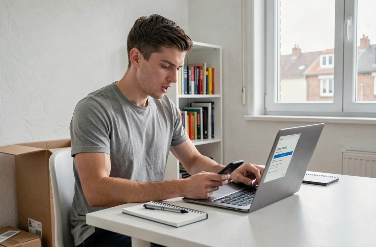 Jeune homme comparant des offres d'assurance habitation en ligne dans un appartement à Dreux