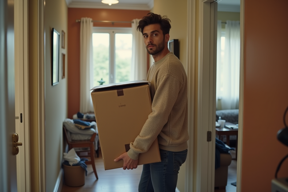 Jeune homme avec boîte de déménagement dans le couloir