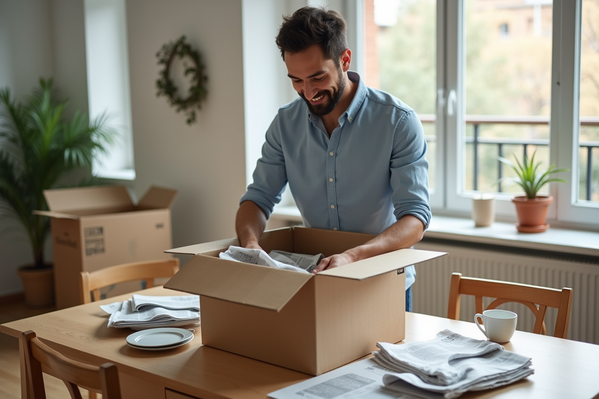 Jeune homme emballant de la vaisselle dans une cuisine lumineuse