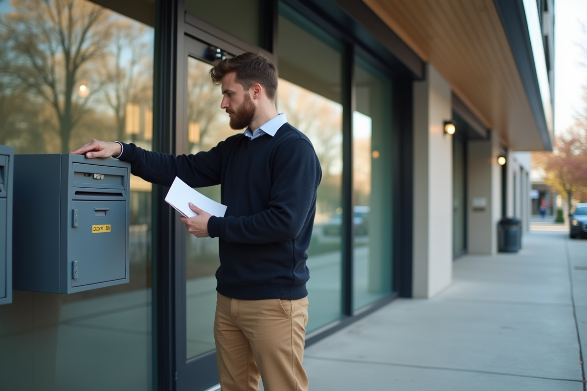 Jeune homme déposant une enveloppe dans une boîte aux lettres en ville