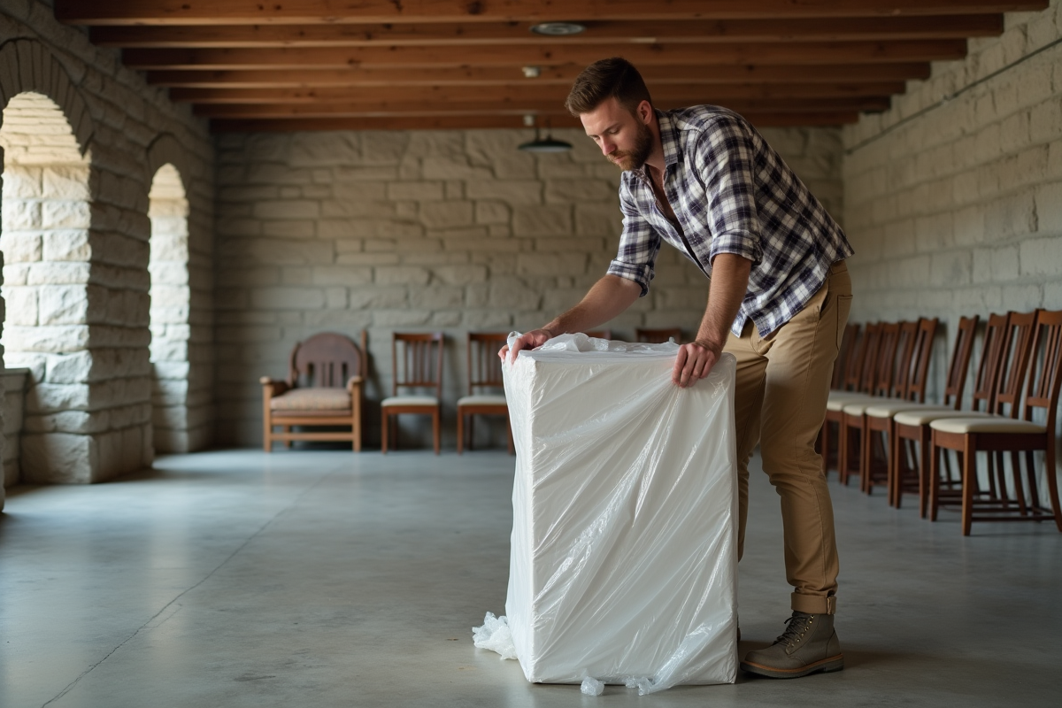 Jeune homme emballant des meubles dans un sous-sol