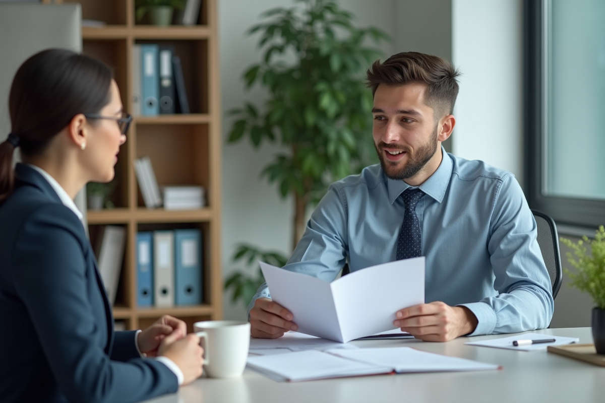 Jeune homme discute avec un agent immobilier dans un bureau lumineux