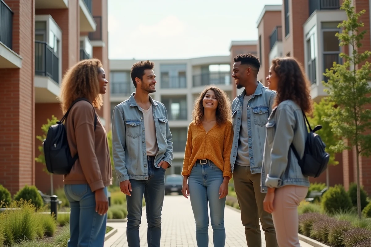 Jeunes discutant dans un quartier résidentiel moderne