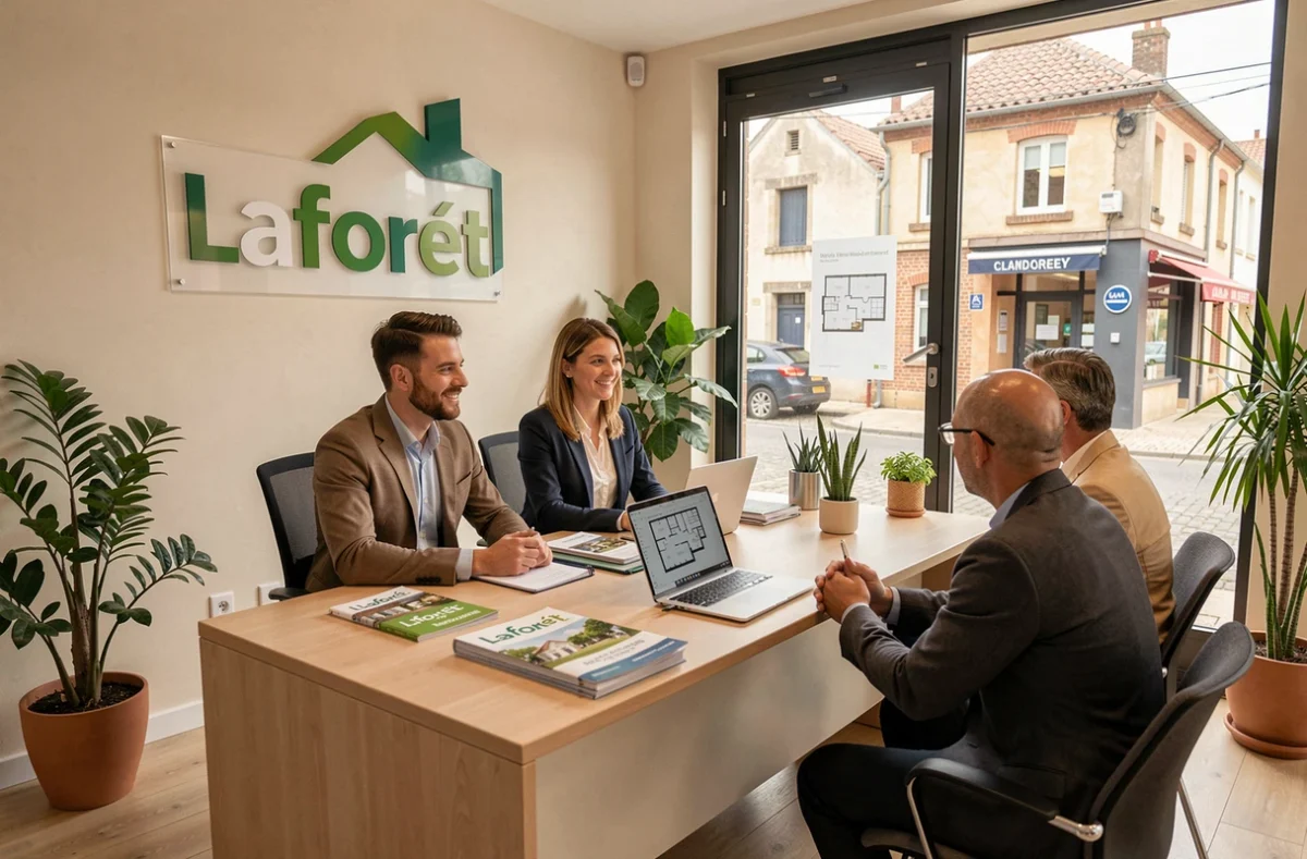Conseillers de l'agence Laforêt dans les Landes en rendez-vous client autour d'un bureau avec des brochures immobilières