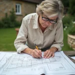 Femme étudiant un plan de terrain avec annotations de mesures en ares et hectares sur une table en bois en extérieur