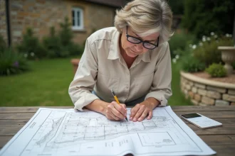 Femme étudiant un plan de terrain avec annotations de mesures en ares et hectares sur une table en bois en extérieur