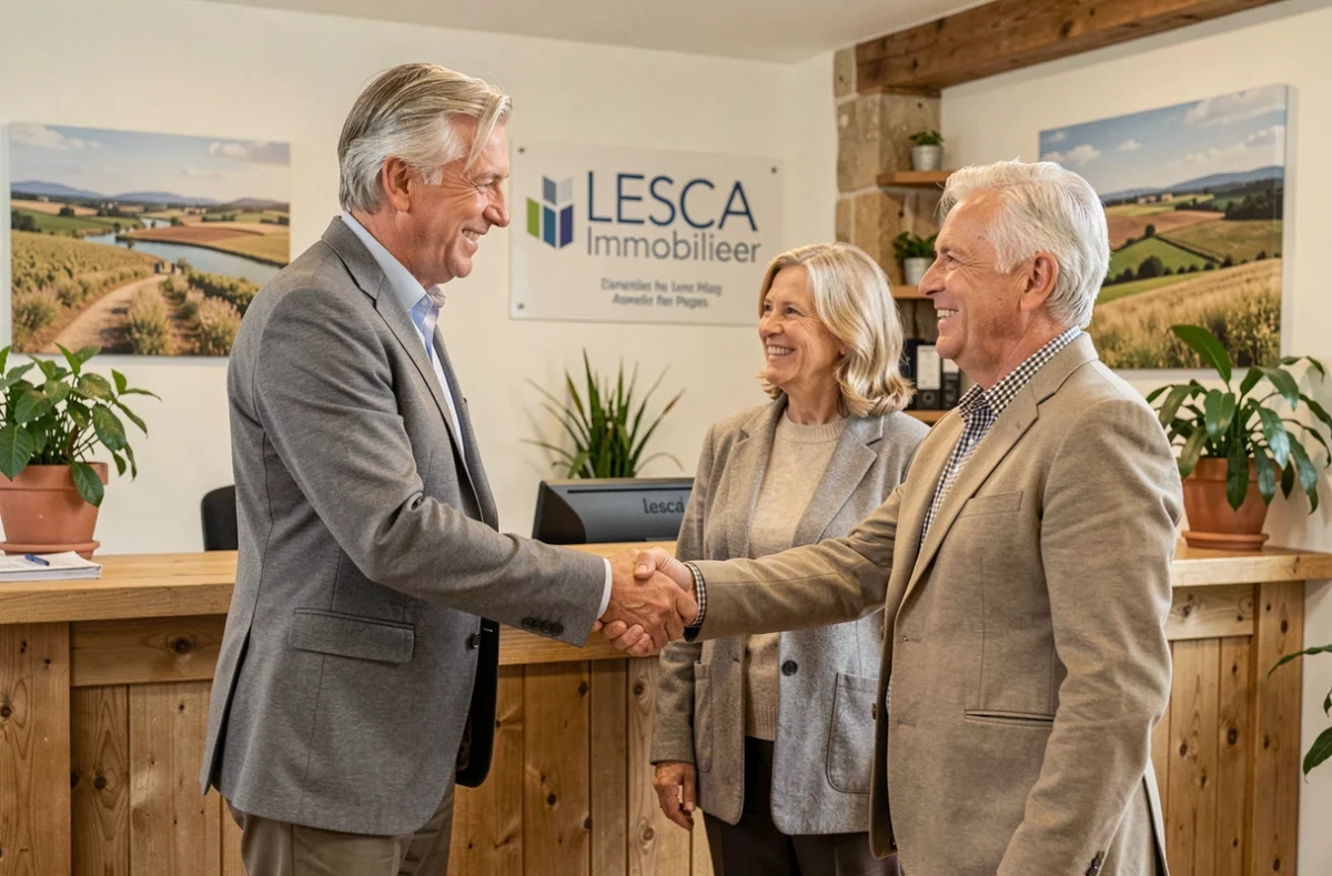 Agent de Lesca Immobilier serrant la main à un couple de clients après une transaction réussie dans l'agence des Landes