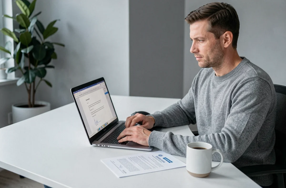 Homme tapant une lettre de résiliation d'assurance habitation sur un ordinateur portable dans un bureau à domicile