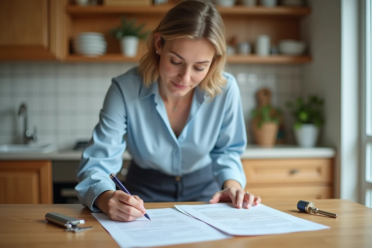 Locataire féminine consultant son contrat de bail à côté d'une nouvelle serrure posée sur la table