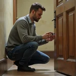 Locataire en train d'examiner la serrure de sa porte d'appartement dans un couloir d'immeuble ancien