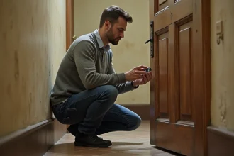 Locataire en train d'examiner la serrure de sa porte d'appartement dans un couloir d'immeuble ancien