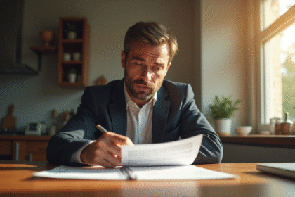 Propriétaire inquiet examinant documents d'expulsion à la cuisine