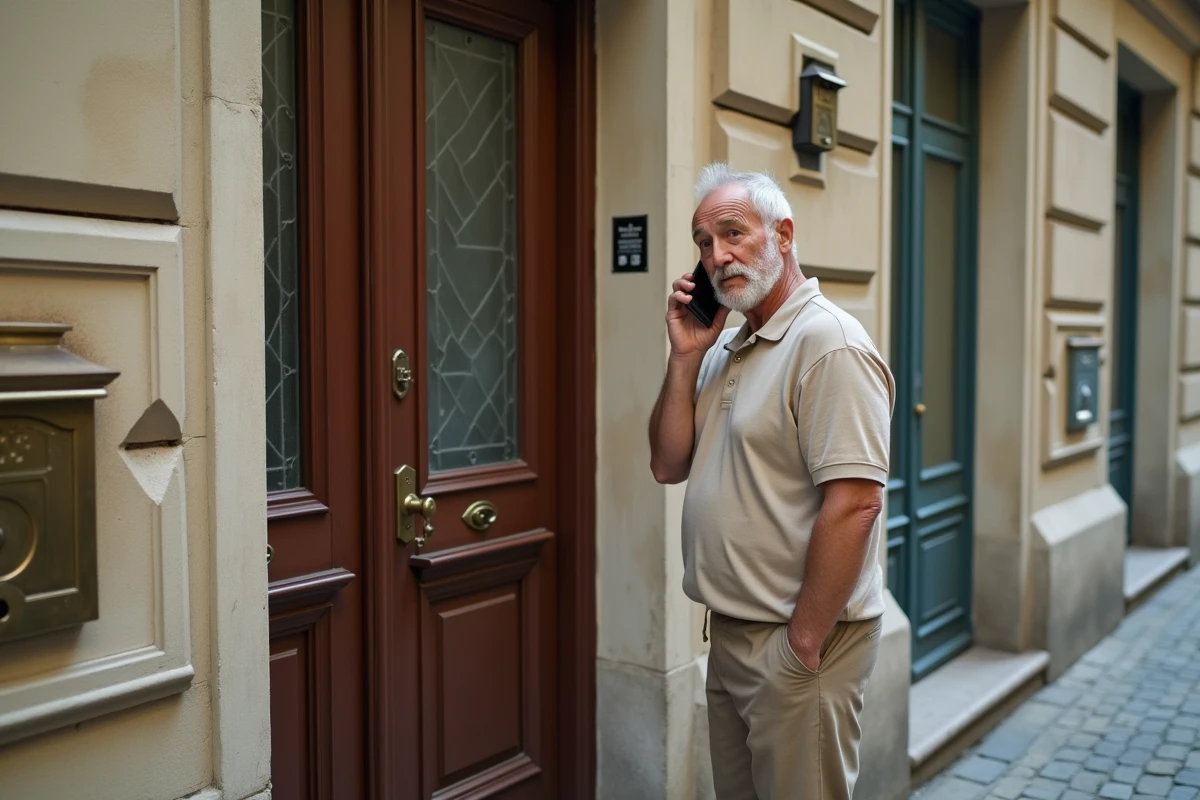 Propriétaire ou locataire au téléphone devant l'entrée d'un immeuble haussmannien avec une vieille serrure visible