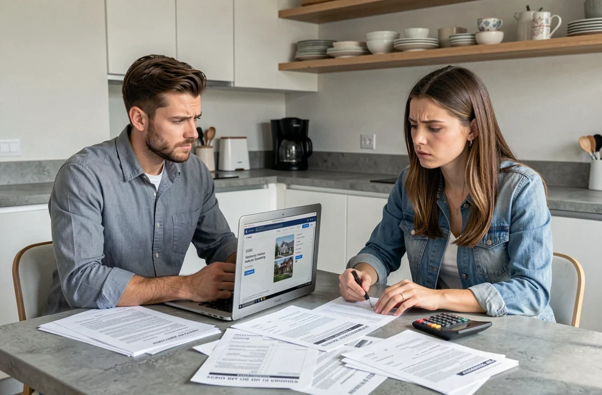 Un couple de futurs locataires examine des documents de cautionnement solidaire à leur table de cuisine, ordinateur et calculatrice visibles
