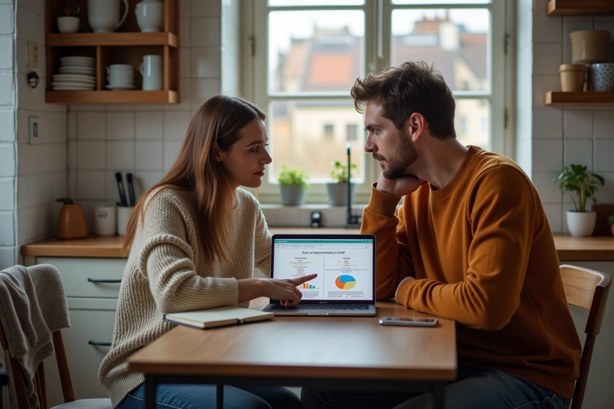 Couple de locataires consultant l'encadrement des loyers sur un ordinateur dans un appartement parisien