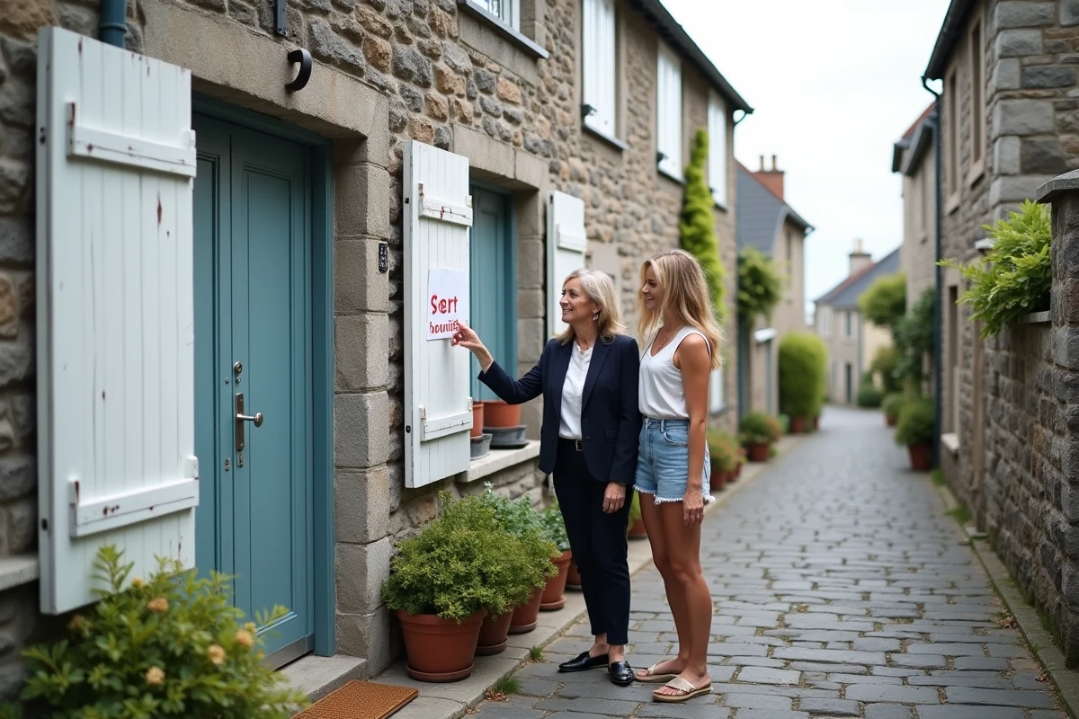 Agent immobilier présentant une maison bretonne rénovée en location saisonnière à un couple en bord de mer