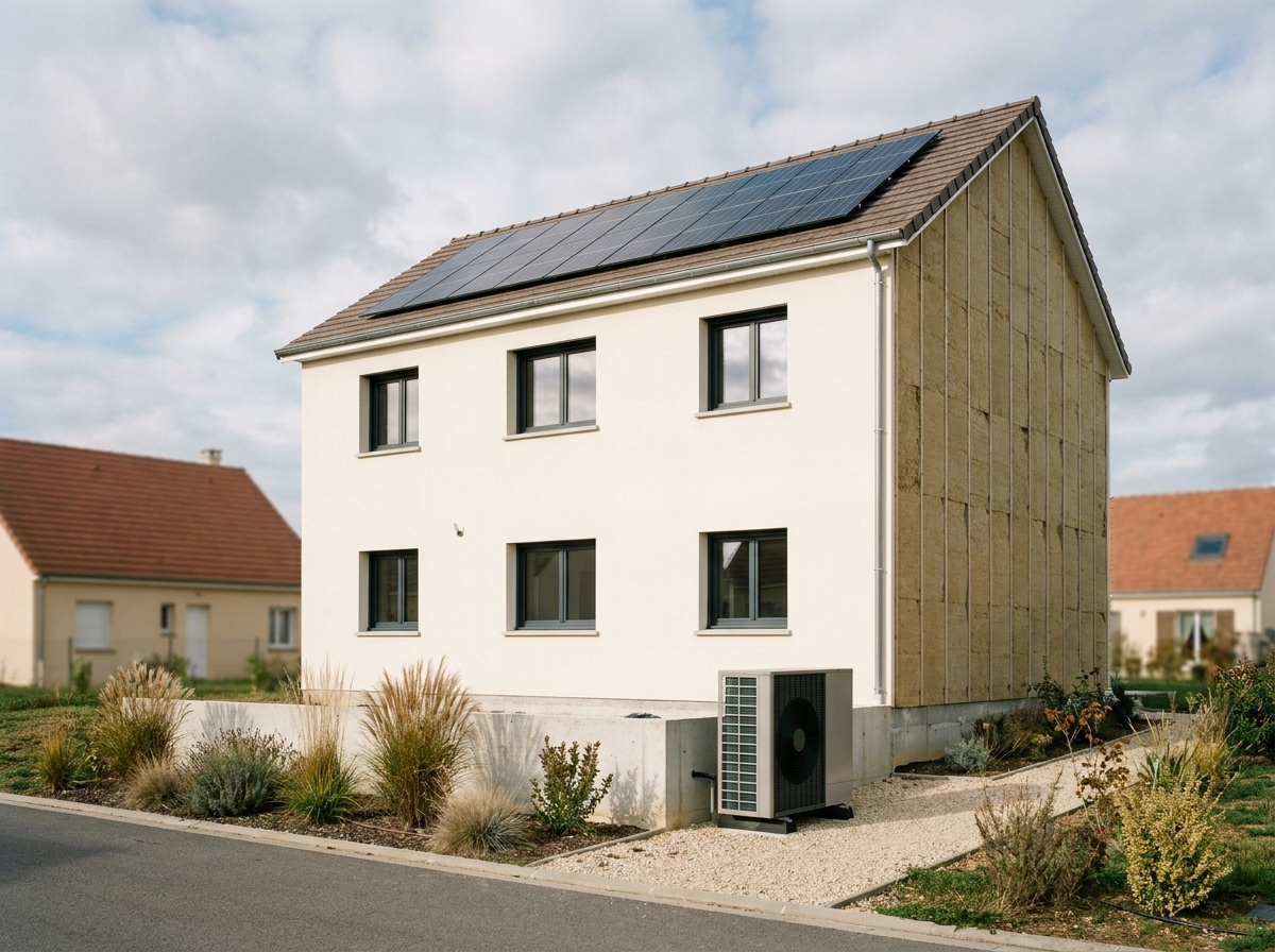 Maison individuelle neuve à haute performance énergétique conforme RE2020 avec panneaux solaires et pompe à chaleur