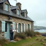 Femme examinant une maison en pierre à rénover en bord de mer en Bretagne avec des plans d'architecte à la main