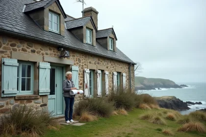 Femme examinant une maison en pierre à rénover en bord de mer en Bretagne avec des plans d'architecte à la main