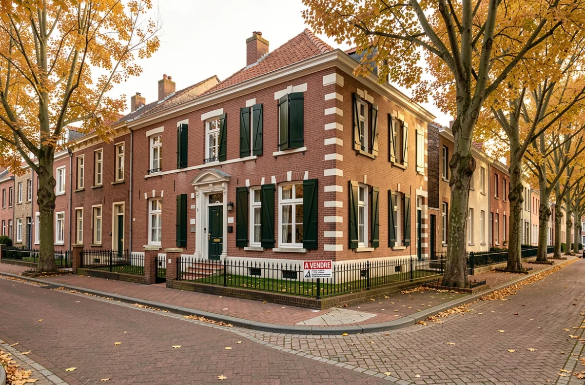 Maison traditionnelle en brique rouge à vendre dans une rue résidentielle de Beauvais avec panneau A Vendre en automne