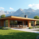 Maison moderne avec grand jardin et vue montagne