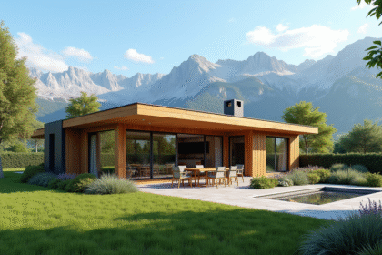 Maison moderne avec grand jardin et vue montagne