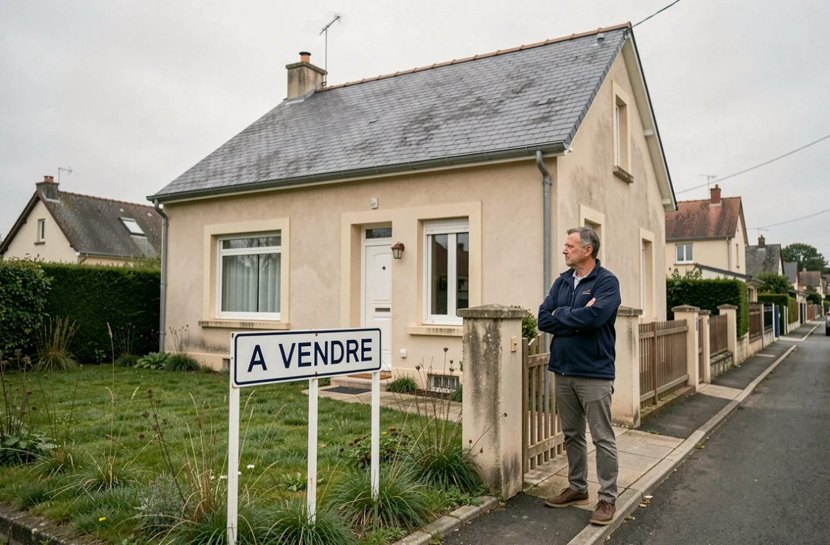 Maison individuelle à vendre dans l'Oise avec panneau agence immobilière et propriétaire lors d'une vente rapide pour divorce