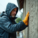 Maçon examinant un mur humide sous la pluie