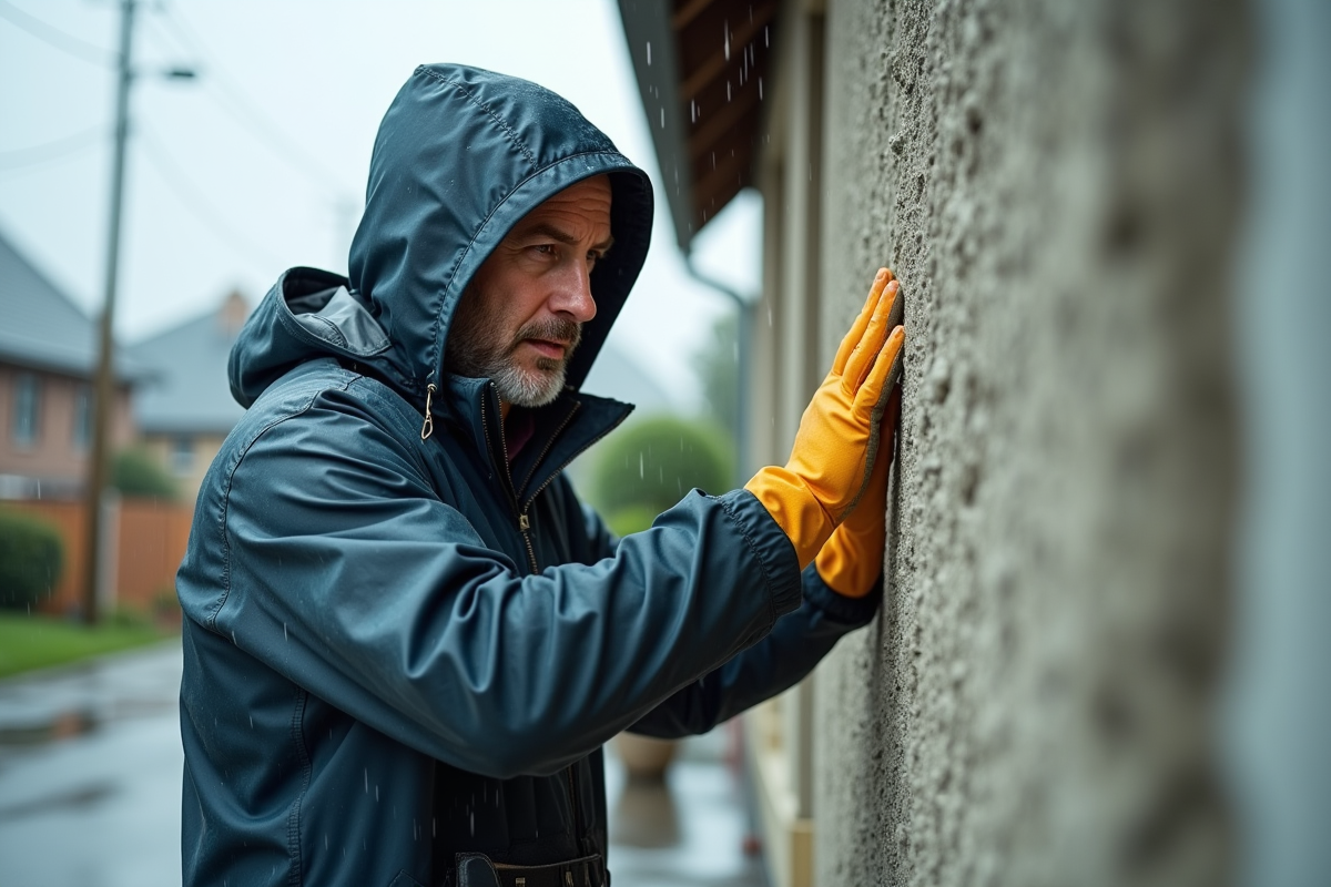 Maçon examinant un mur humide sous la pluie