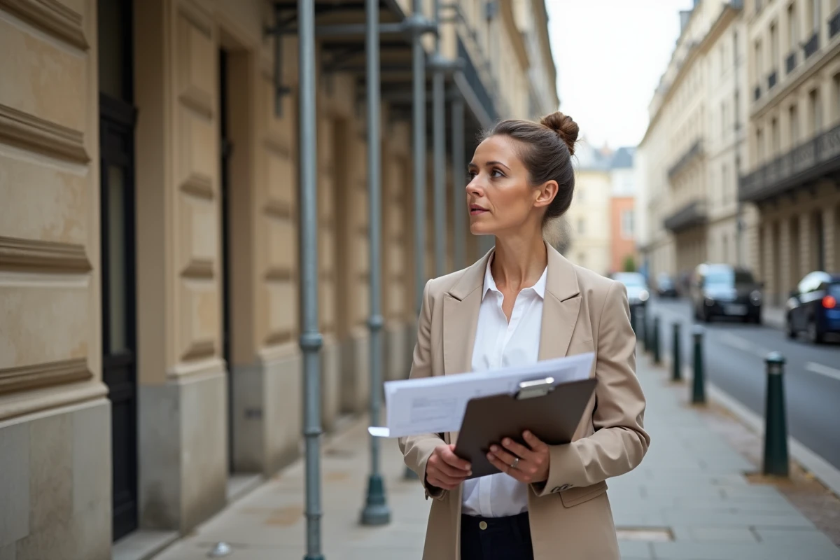Femme promotrice immobilière devant un immeuble en rénovation illustrant un projet de marchand de bien avec SCI