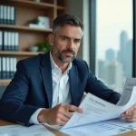 Conseiller immobilier analysant des documents fiscaux liés à la TVA et à une SCI dans un bureau professionnel moderne