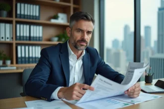 Conseiller immobilier analysant des documents fiscaux liés à la TVA et à une SCI dans un bureau professionnel moderne