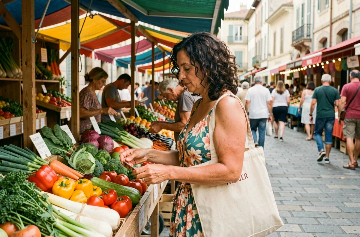 Femme faisant ses courses au marché de plein air du quartier Lespinet à Toulouse