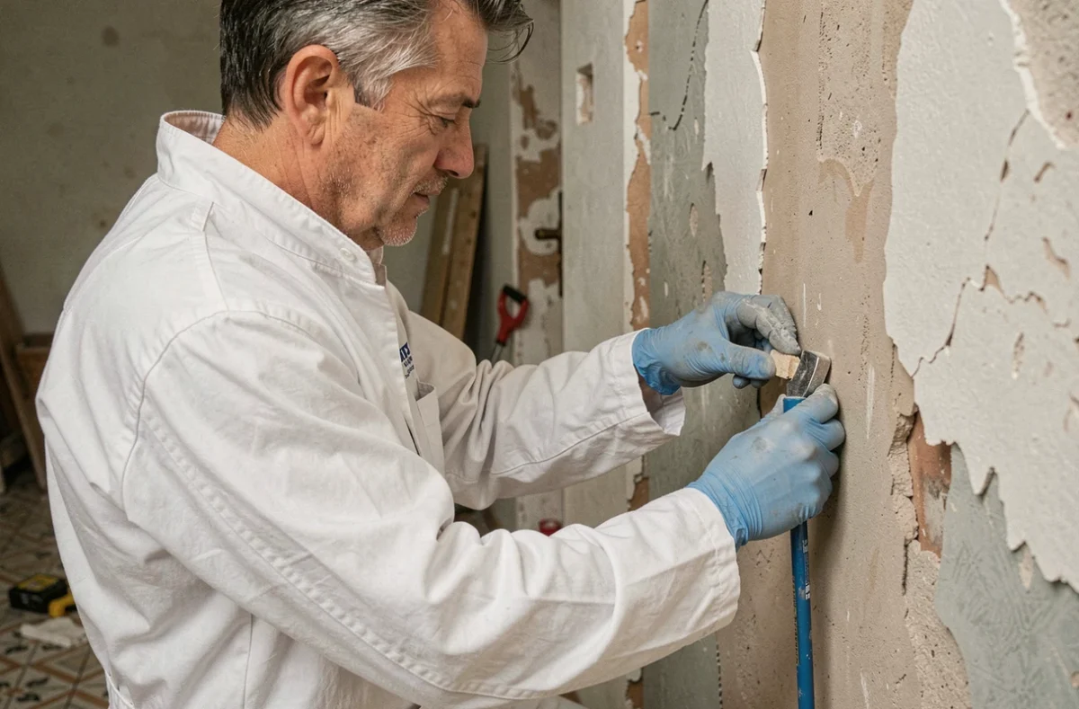 Expert MBE Expertises 92 prélevant un échantillon de matériau dans un appartement ancien en rénovation