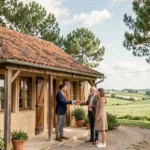 Agence immobilière dans les Landes : agent remettant les clés d'une maison landaise traditionnelle à un couple souriant