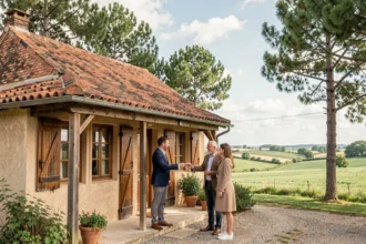 Agence immobilière dans les Landes : agent remettant les clés d'une maison landaise traditionnelle à un couple souriant