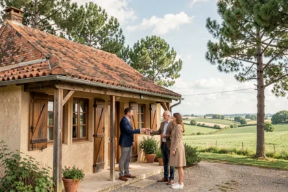 Agence immobilière dans les Landes : agent remettant les clés d'une maison landaise traditionnelle à un couple souriant