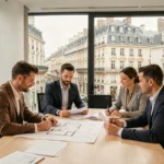 Réunion professionnelle de syndics de copropriété dans un bureau moderne à Orléans avec vue sur la ville