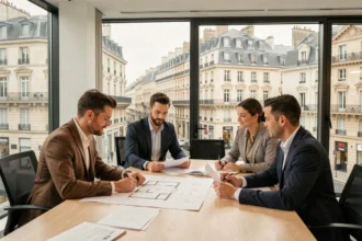 Réunion professionnelle de syndics de copropriété dans un bureau moderne à Orléans avec vue sur la ville