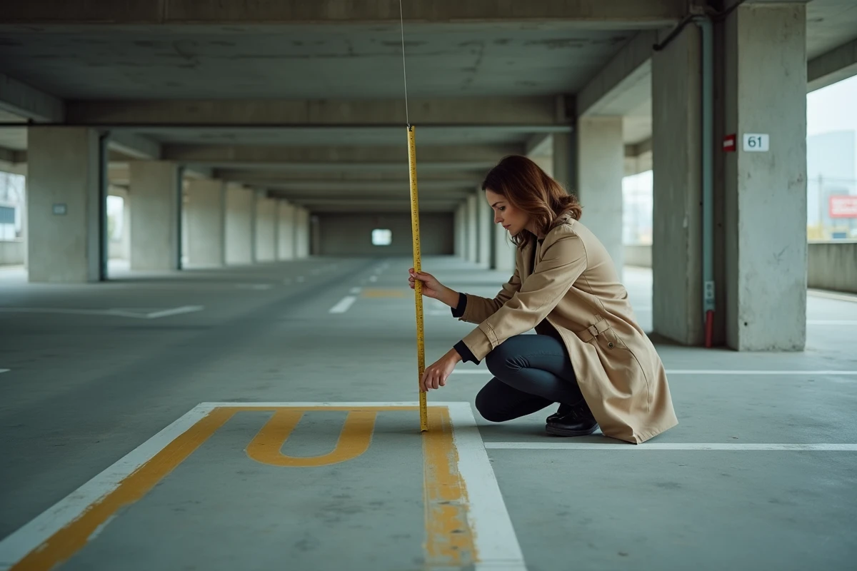 Femme mesurant un emplacement de parking souterrain avec un mètre ruban, contexte d'évaluation du prix au m2 d'un garage