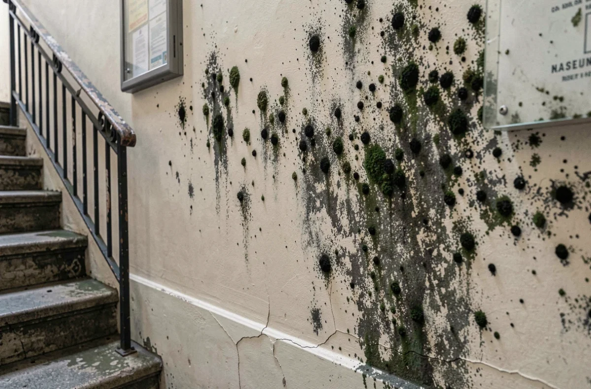 Moisissures noires et vertes sur le mur d'une cage d'escalier de copropriété ancienne