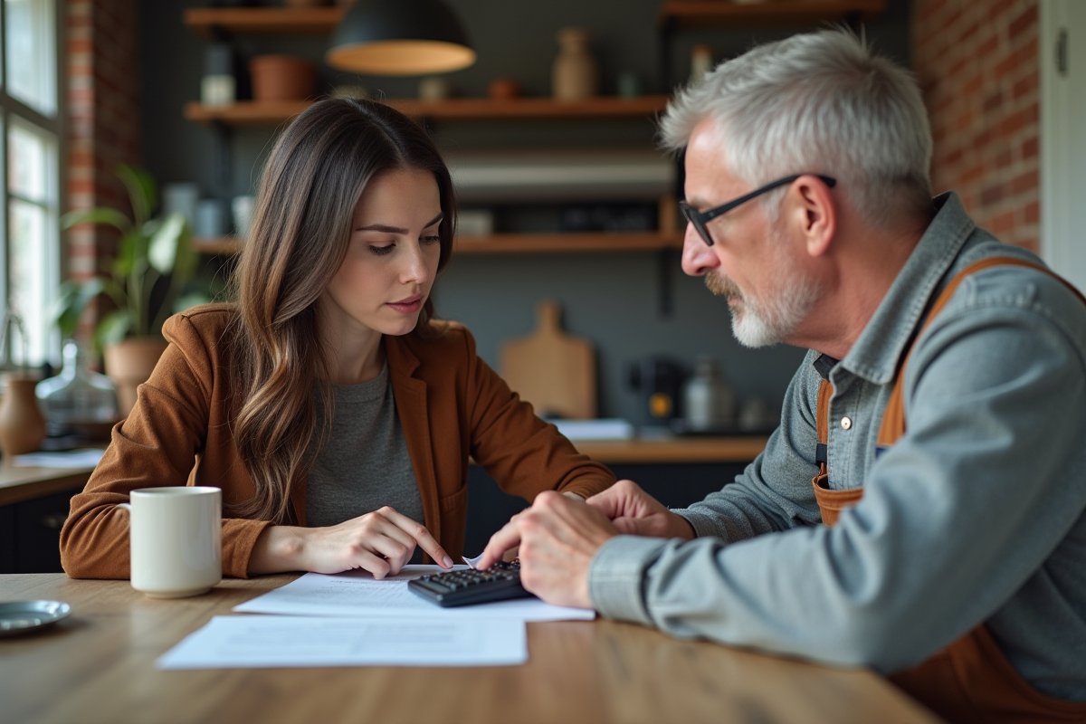 Femme et couvreur négocient un contrat dans une cuisine lumineuse