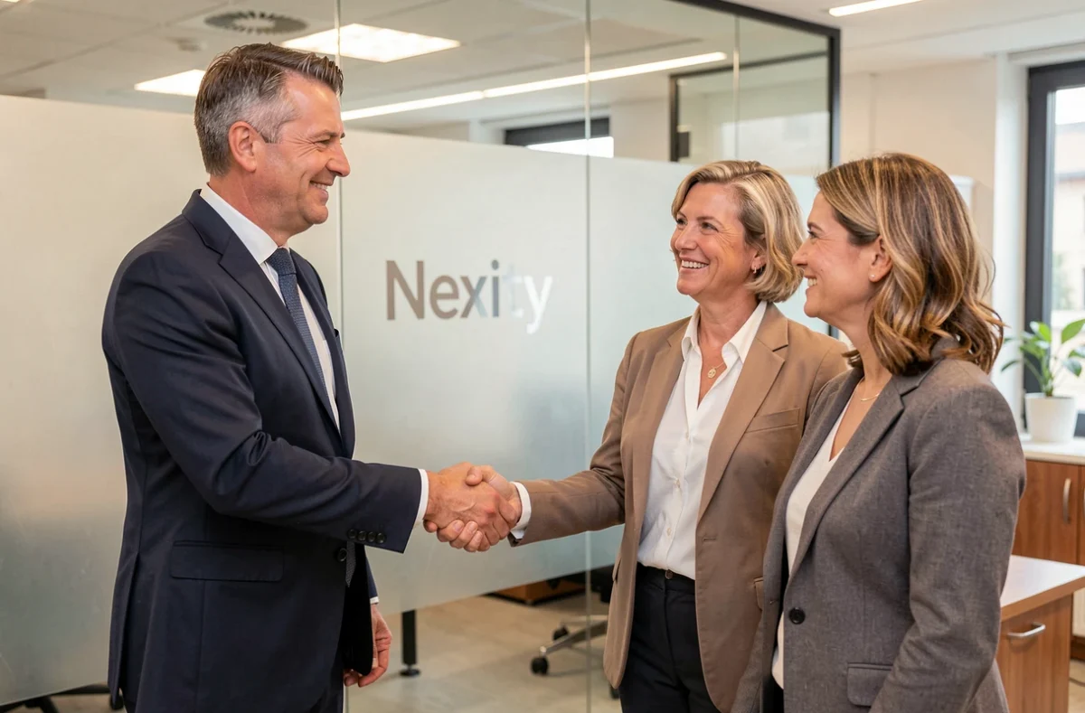 Gestionnaire Nexity Lamy concluant un accord avec des copropriétaires dans son agence à Orléans