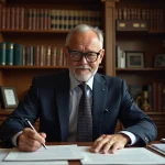 Notaire examinant un contrat d'achat immobilier avec des documents officiels sur un bureau en chêne dans un cabinet notarial traditionnel